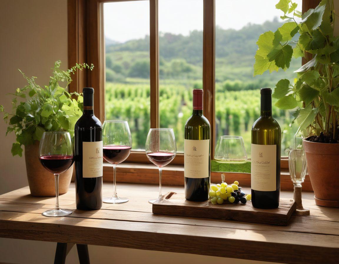 A cozy and elegantly decorated apartment featuring various wine bottles and glasses on a rustic wooden table, surrounded by lush green plants and soft lighting. A large window reveals a scenic vineyard view in the background, creating a tranquil atmosphere. Include subtle hints of travel accessories to represent short-term rentals. romantic and inviting. warm colors. super-realistic.