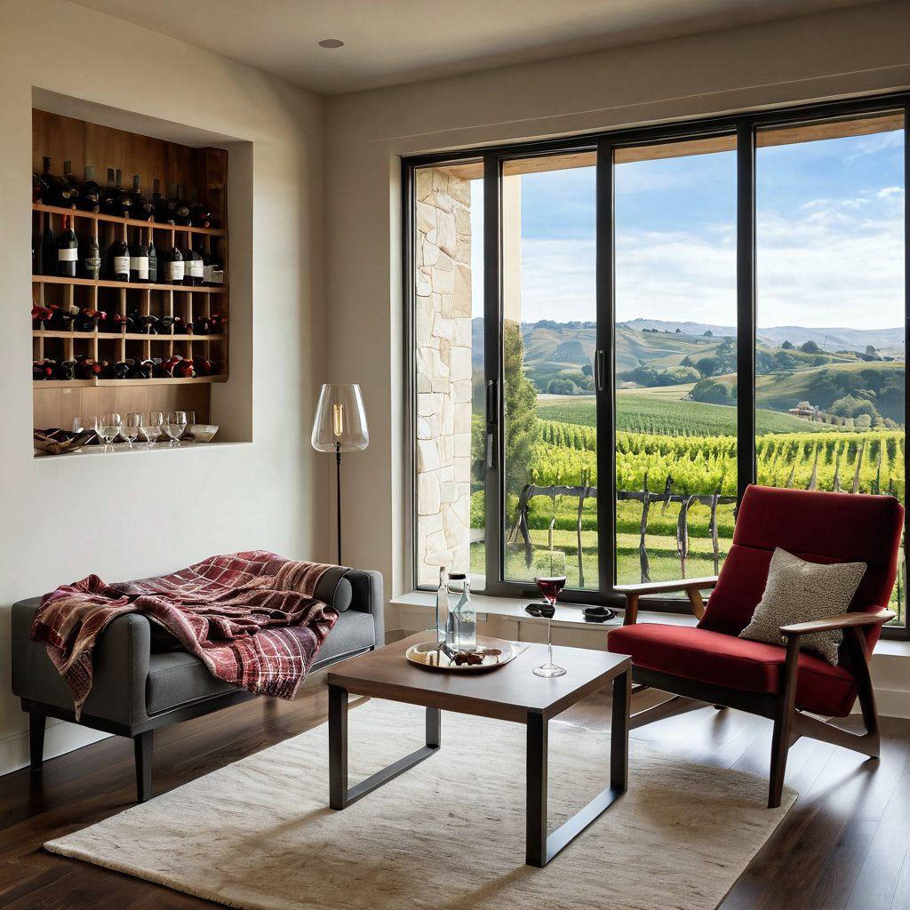 A cozy, inviting apartment living space with a large window showcasing a picturesque vineyard view. A sleek wine rack is prominently displayed, next to a comfy armchair with a plush blanket draped over it. On a small table, a bottle of red wine and two glasses sit alongside a cheeseboard, creating an atmosphere of relaxation. Soft, warm lighting enhances the ambiance, making it feel homely and sophisticated. minimalist style. vibrant colors. natural light.