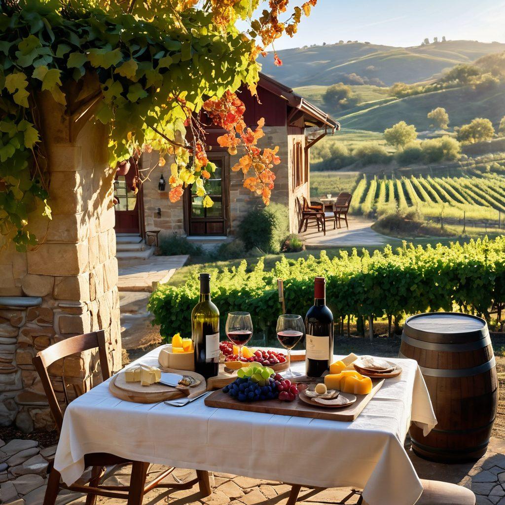 A cozy vineyard retreat featuring a rustic winery with wooden barrels, a charming bed-and-breakfast, and grapevines in full bloom. Soft, golden sunlight filtering through leaves, with a glass of red wine and a cheese platter on a table in the foreground. A couple enjoying the serene atmosphere, surrounded by rolling hills. super-realistic. warm colors. vibrant nature.